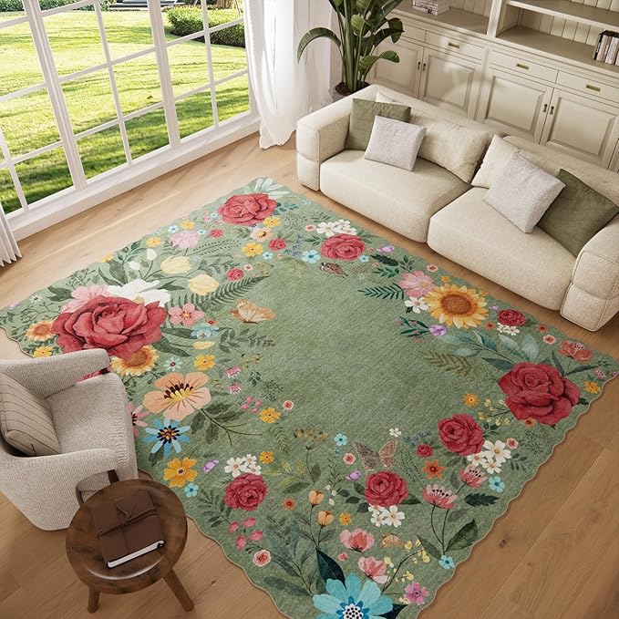 8'x10' Washable Rugs for Living Room, Soft Lightweight Non Slip Stain Resistant Dining Room Vintage Boho Floral Green Rug Easy Clean Throw Carpet for Bedroom