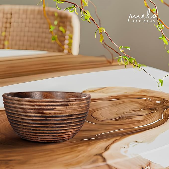Mela Artisans Wooden Fruit Bowl | Dark Burnt Finish | 9” Decorative Mango Wood Serving Bowl | Multipurpose for Kitchen Countertop | Salad | Snacks | Fruit | Breads & More | Natural Grain Look