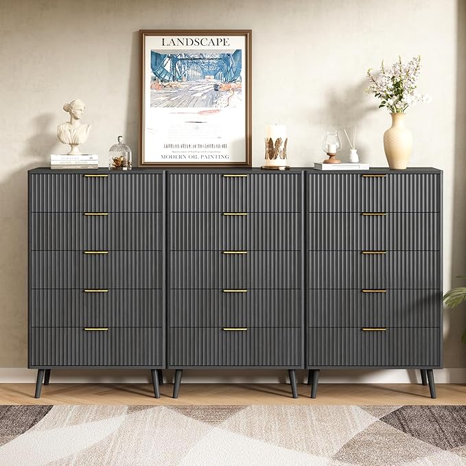 CARPETNAL Fluted 5 Drawers Dresser for Bedroom, 45”Tall Modern Chest of Drawers with Deep Drawers,Curved Profile Design, Wood Drawer Organizer for Living Room, Black