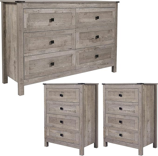 Farmhouse 6 Drawers Dresser and 2pcs 4 Drawer, Wood Double Dresser Chest of Drawers Wide Storage Organizer Cabinet for Bedroom, Living Room, Rustic Gray