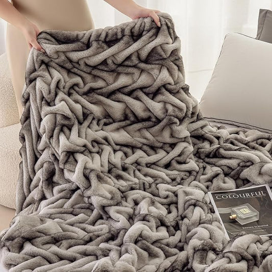 Sculpted Faux Fur Twin Blanket- Twisted Texture Luxury Plush for Couch & Bed, Thick Tie-Dye Gray with 3D Embossed Design, Ultra Soft Winter Fleece, 60"x80" Home Decor