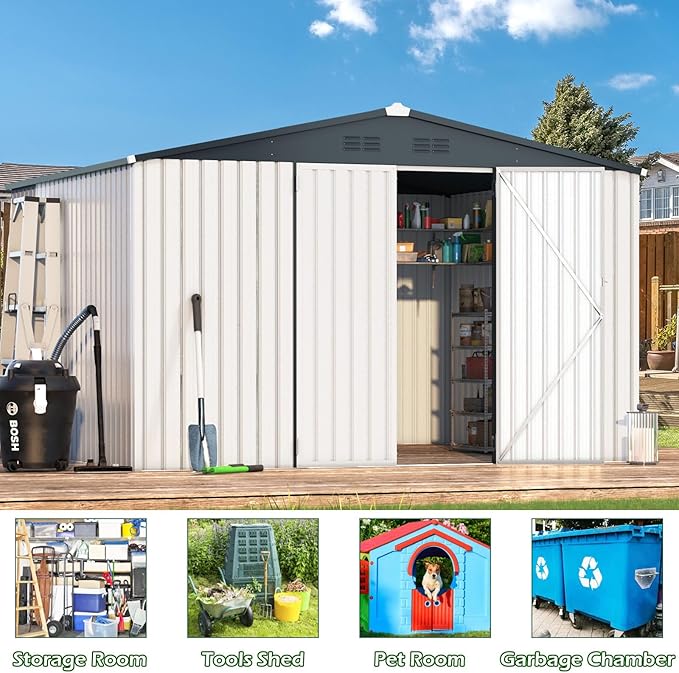 ACOJOY 10'x10' Shed, Large Metal Storage Sheds & Outdoor Clearance, Steel Backyard Shed with Lockable Doors, Utility and Tool Storage for Garden, Patio, Outside Use in White