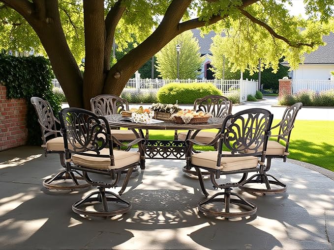 7 Piece Outdoor Dining Set Cast Aluminum, Retro Patio Dining Furniture Set for 6 Includes 54’’ Round Table 6 Chairs with Thicker Cushion and Umbrella Hole for Patio Deck Garden