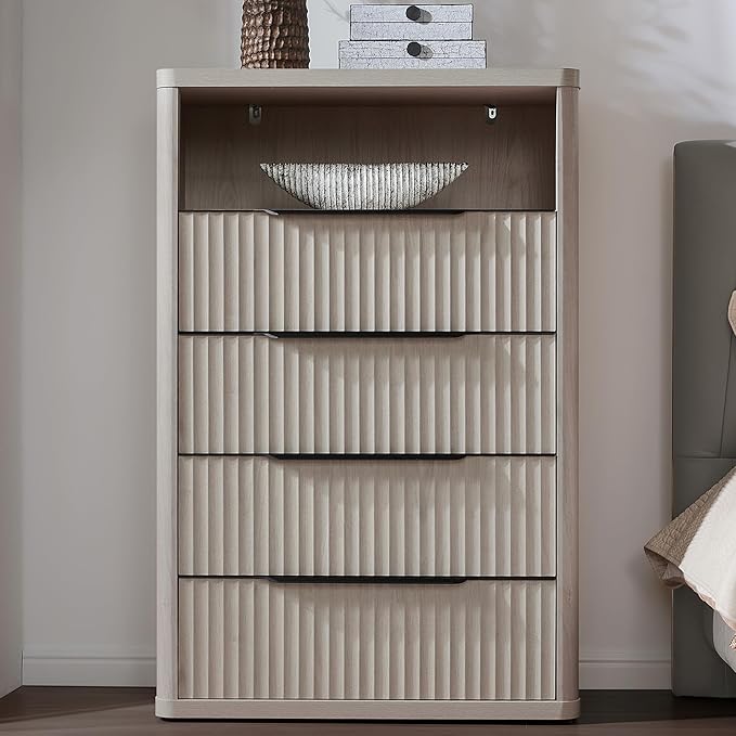 SICOTAS Dresser for Bedroom - Tall Dressers & Chests of Drawers with 4 Drawers Large Modern Dresser for Closet Fluted Wide TV Stand Clothes Closet Storage for Bedroom Hallway Entryway, White Alder