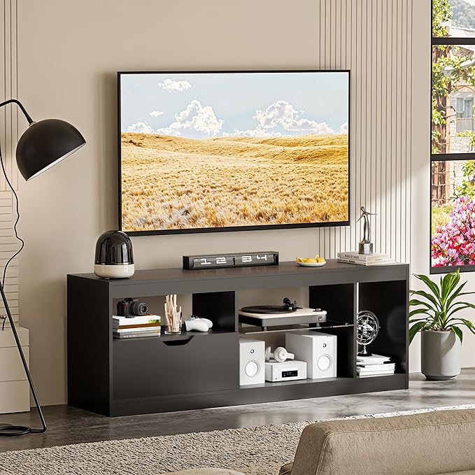 Homall LED TV Stand Mount for 65 inch, Modern Entertainment Center with LED Lights & High Glossy Cabinets, TV Cabinet Console Table with Drawer, Glass Shelves, Dynamic RGB Modes for Living Room, Black