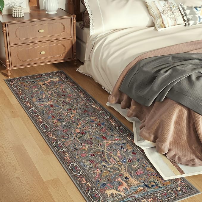 Runner Rug 2x6 Vibrant Tree of Life-Patterned Vintage Kitchen Rugs Non Slip Washable Soft Carpet Runner for Laundry Bedroom Bathroom, Grey