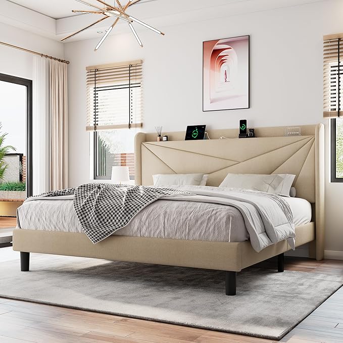 King Size Upholstered Bed Frame with Charging Station, Modern Minimalist Headboard, Solid Wood Slats Support, No Box Spring Needed, Noise Free, Beige