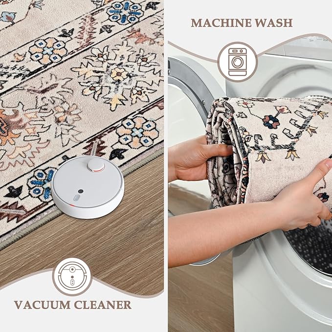 Living Room Rug 6x9 Rug, Machine Washable Area Rug Non Slip Low Pile Rug for Living Room, Bedroom, Farmhouse, Dining Room, Beige