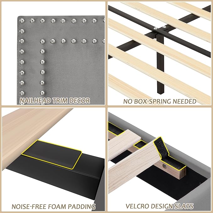 VECELO Queen Size Bed Frame with Adjustable Upholstered Headboard, Wooden Slats Platform, Noise-Free Design, Easy Assembly