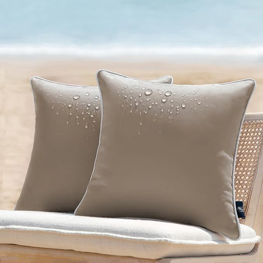 Phantoscope Pack of 2 Outdoor Waterproof Solid Throw Decorative Pillow Cover Decorative Square Outdoor Pillows Cushion Case Patio Pillows for Couch Tent Sunbrella, Light Coffee 18x18 inches 45x45 cm