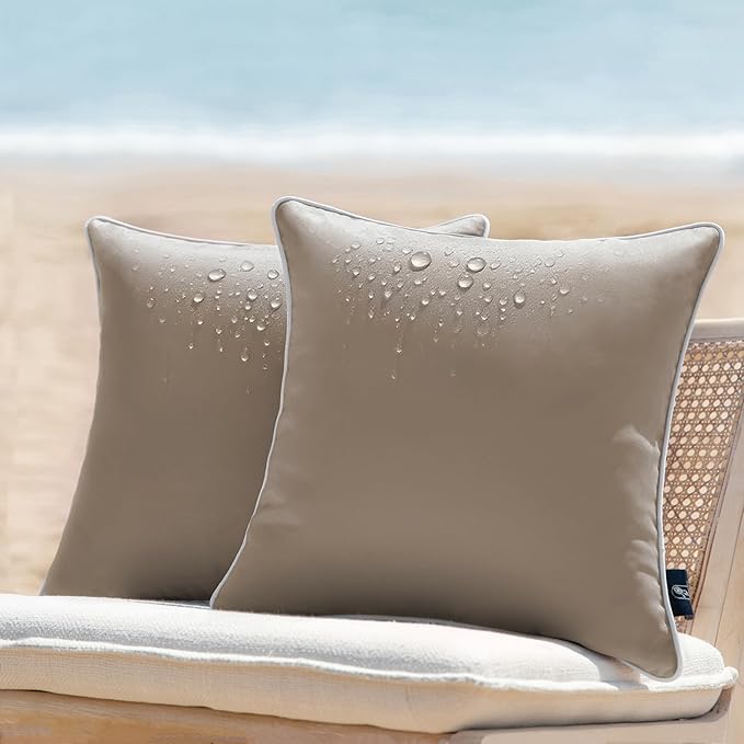 Phantoscope Pack of 2 Outdoor Waterproof Solid Throw Decorative Pillow Cover Decorative Square Outdoor Pillows Cushion Case Patio Pillows for Couch Tent Sunbrella, Light Coffee 20x20 inches 50x50 cm