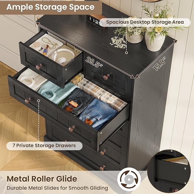 Hasuit Black Dresser for Bedroom, Farmhouse 7 Drawers Dresser, 51.4"Tall Dressers Chest of Drawers with Hand Carved Panel, Large Wood Closet Storage Organizers Dressers for Bedroom Living Room Hallway