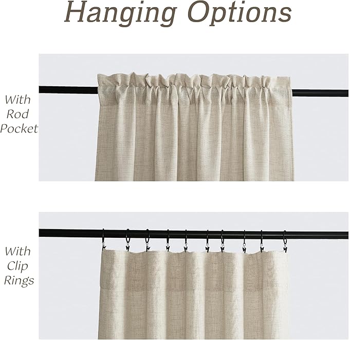 RYB HOME Natural Beige Linen Sheer Curtains 102 inches Long for Living Room and Dining Room, Weave Textured/Rod Pocket, Light Filtering Sheer Curtains and Drapes, W 52 x L 102 inches, 2 Panels Set