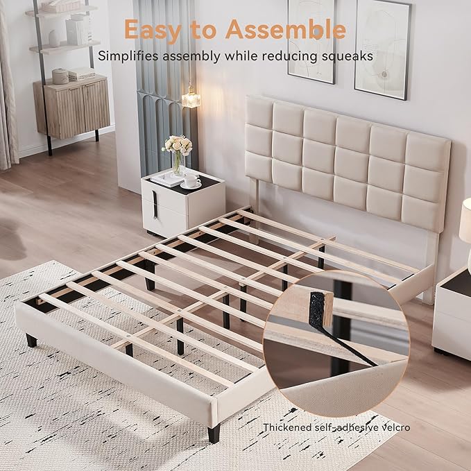 BedsPick Full Size Bed Frame with Fabric Upholstered Headboard, Bed Frame Full Size with Solid Wooden Slats Support, No-Noise, Easy Assembly, No Box Spring Needed with 800LBS, Beige