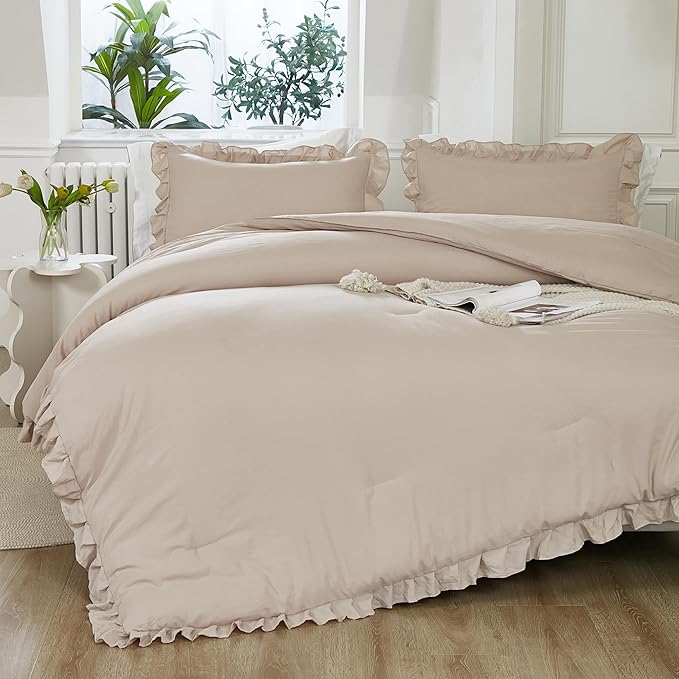 Litanika King Comforter Set Khaki, 3 Pieces Ruffle Farmhouse Aesthetic Bedding Comforter Set, Lightweight Fluffy Microfiber Bed Set (104x90In Comforter, 2 Pillowcases)