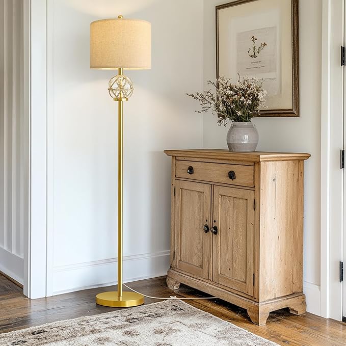 Oneach 61.5” Modern Floor Lamp for Living Room, Gold Boho Standing Lamp with Rattan Glass Design, Rotary Switch, Farmhouse Tall Lamps for Bedroom Office Dining Room (Without Bulb)