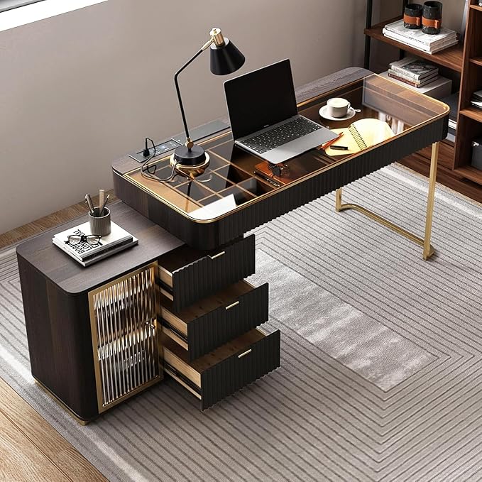 Lartis Office Desk, Very Easy to Assemble, Computer Desk, Home Telescopic Writing Desk, Modern Computer Desk with Retractable Cabinet Built-in LED Lights (Black Brown, 47 in)