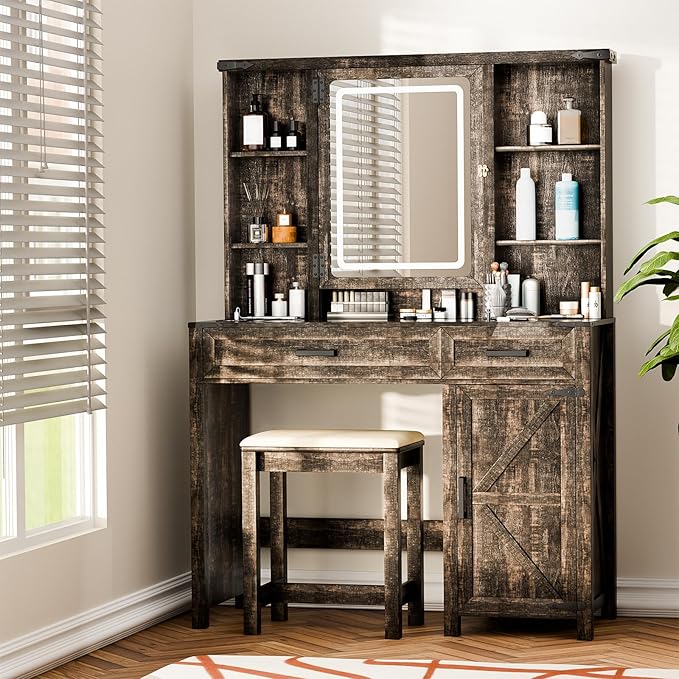 Makeup Vanity, Farmhouse Vanity with Mirror & Generous Clear Glass Countertop, 40'' Intelligent Makeup Desk with Multi-Functional Charging Station & Human Body Sensing LED Lights, Brown