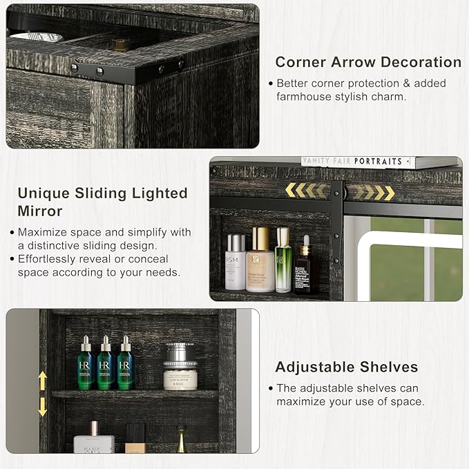 Farmhouse Makeup Vanity Desk with Sliding Mirror and Lights, 42" Glass Top Vanity Table with Charging Station & 4 Drawers & 2 Cabinets, Vanity Set for Bedroom, Dressing Table with Stool, Black