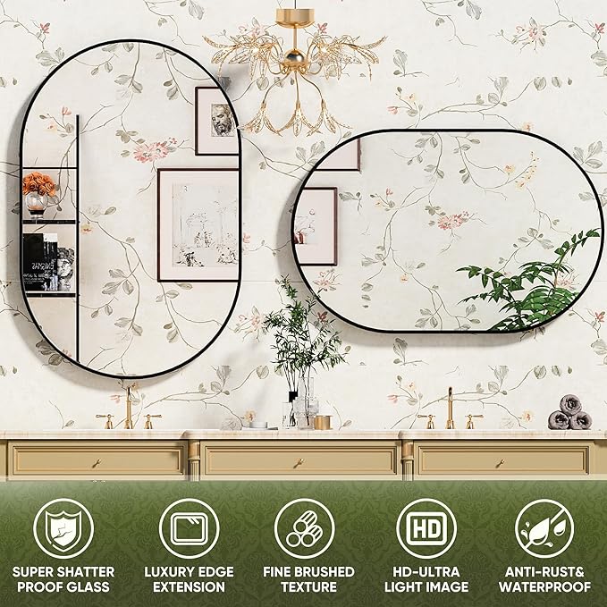 Suidia 24" x 36" Bathroom Mirror, Bathroom Vanity Mirror Metal Framed, Wall-Mounted Mirrors for Bedroom, Living Room, Entryway, Hallway, Black, Oval Style