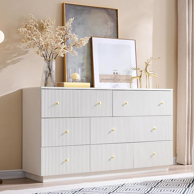 Fluted Dresser for Bedroom, 55" W White 8 Drawer Dressers, Wood Tall Dresser Storage Organizer, Modern Bedroom Chest of Drawer with Deep Storage for Closet Hallway, Entryway, Living Room White