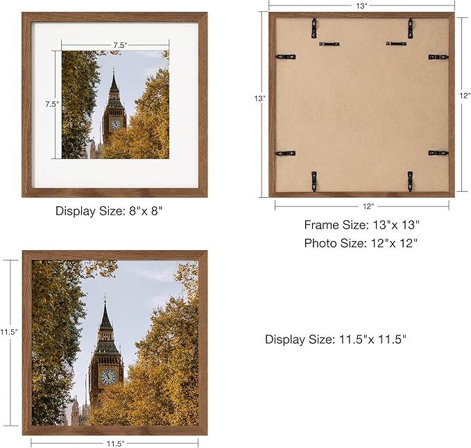 Axeman 12x12 Picture Frame with Mat for 8x8, Solid Oak Wood Square Picture Frame with Tempered Glass, Natural Wooden 12x12 inch Photo Frame for Wall Home Decor Art Photo and Prints, Set of 2, Walnut