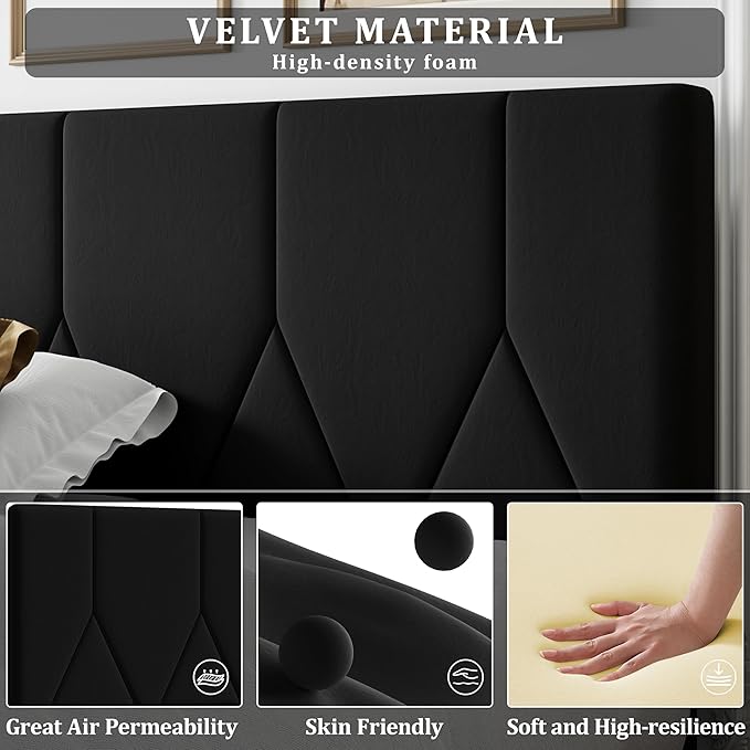 Queen Size Bed Frame, Platform Bed Frame with Velvet Upholstered Headboard, Queen Upholstered Mattress Foundation with Strong Wooden Slats, No Box Spring Needed, Noise Free, Easy Assembly