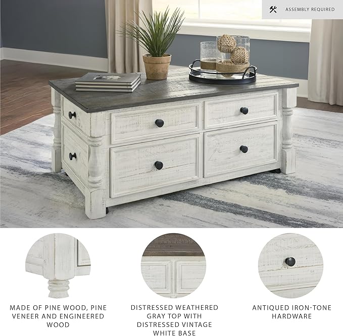 Signature Design by Ashley Havalance Farmhouse Lift Top Coffee Table with 4 Storage Drawers and Small Storage Tray, Whitewash