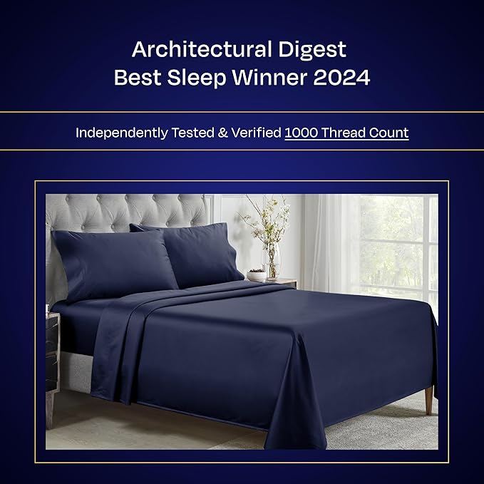 California Design Den King Sheets Deep Pocket Set - Luxury 1000 Thread Count Sateen, Thick and Natural 100% Cotton Bed Sheets, Soft, Breathable and Durable Bedding Set - Navy Blue