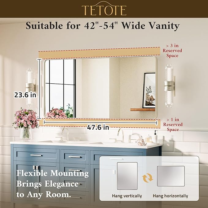 TETOTE Brushed Nickel Bathroom Mirror 48 x 24 Inch Brushed Nickel Metal Framed Bathroom Mirror, Tempered Glass, Modern Farmhouse Wall Mounted Mirror for Decorative(Horizontal/Vertical)