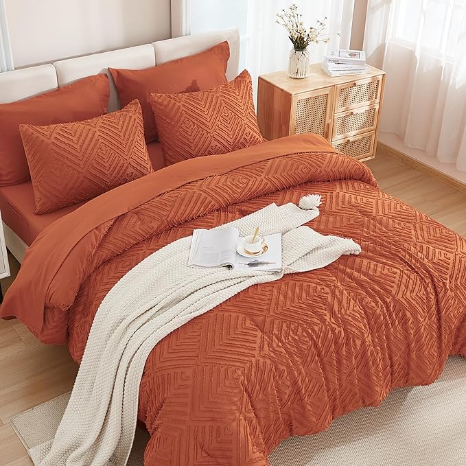 Andency Super King Comforter Set Burnt Orange - 7 Piece Oversized King Bed in a Bag Boho Terracotta Tufted Bedding Sets, Rust Bed Set with Comforter, Sheets, Pillowcases & Shams