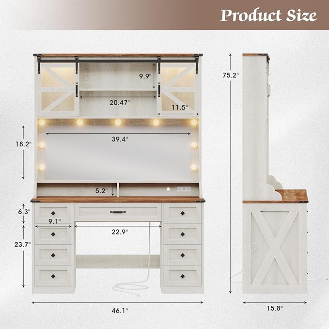 Farmhouse Makeup Vanity with 9 Drawer, Vanity Desk with Mirror and Lights 3 Colors, 75.2" Large Vanity with 2 Sliding RGB Barn Door,Storage Shelves,Power Outlets for Bedroom,Antique White
