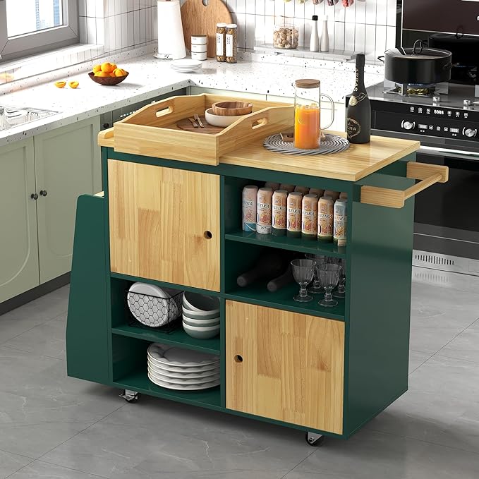 NSdirect Kitchen Island Cart,Kitchen Bar&Serving Cart Rolling on Wheels with Spice Rack Towel Holder Utility Storage Trolley with Storage Drawers,Green
