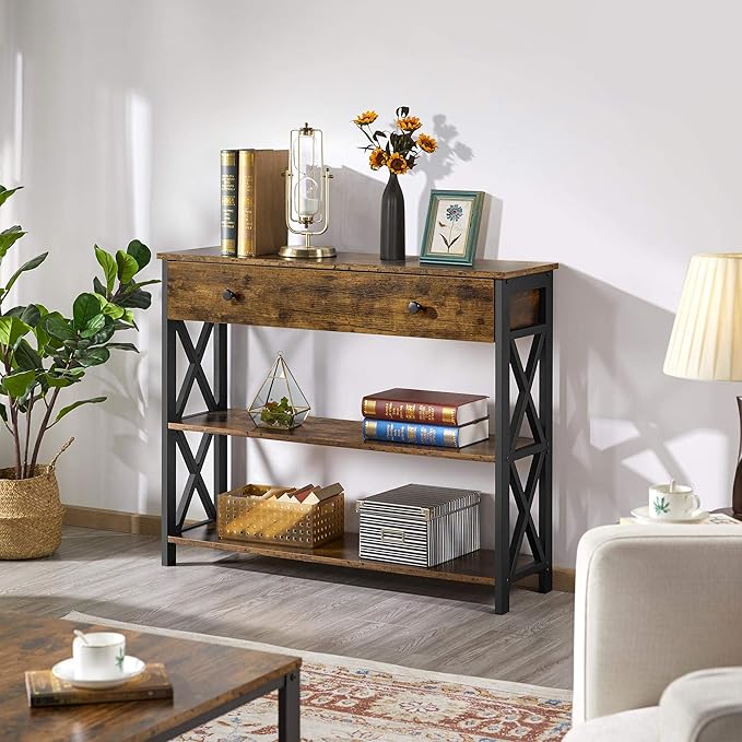 Yaheetech Console Table with Drawer, Entryway Table with 3 Tier Storage Shelves, Narrow Long Sofa Tables for Entryway, Living Room, Hallway, Couch, Kitchen, Metal Frame, Rustic Brown