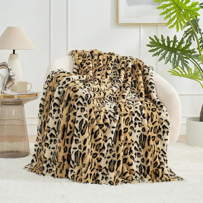 Cozy Bliss Luxury Faux Fur Throw Blanket Leopard Print, Non Shedding Double Sided Sherpa Blankets Super Soft Fluffy Thick Warm Throws Home Decor for Couch Bed Sofa Women,60"*80"Inches Brown Leopard