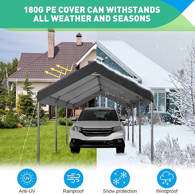 10X20 Ft Heavy Duty Carport Canopy, Portable Garage, Car Tents, Easy to Assemble, Reinforced Structure, with Hanging Edge, Applicable to Car, Bike, Boat, Party (Gray)