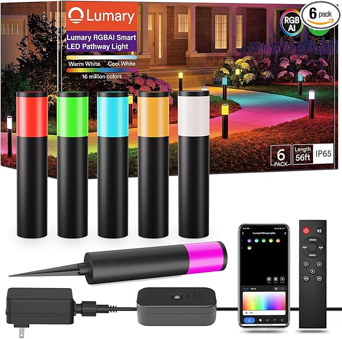 Lumary 6 Pack Smart Pathway Lights 2100LM, RGBAI/Cool/Warm White, Aluminum Wired Landscape Lighting IP65 Waterproof Works with Wi-Fi APP/Voice/Remote Control for Outdoor Yard, Garden, Walkway