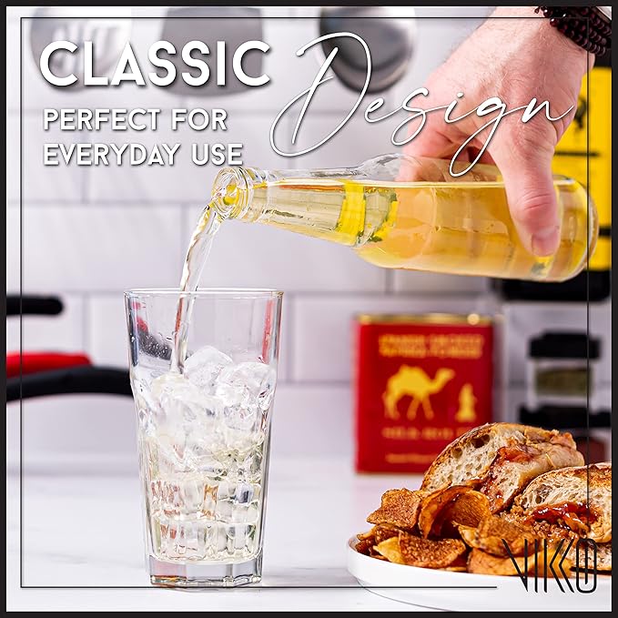 Vikko Drinking Glasses, 11 Ounce Large Glass Cups, Durable Glasses Set of 12, Stackable Water Glass, Highball Heavy Base Tumblers, Dishwasher Safe