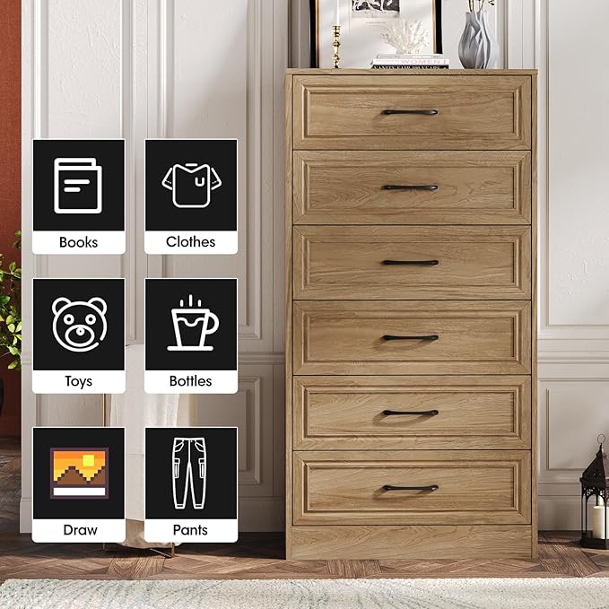 Fameill Dresser for Bedroom, Tall Dresser for Hallway, 6 Drawer Wide Dresser Organizer with Charging Station for Closet, Wood Dresser with Metal Handles, Oak