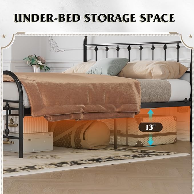 WLIVE Full Size Bed Frame with Headboard, Full Bed Frame with LED Lights and Charging Station, Metal Platform Bed with Storage, Black