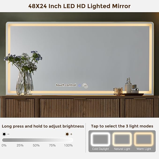 T4TREAM 48" Fluted Makeup Vanity Desk with 48" Large Mirror and HD Lights, Modern Vanity Table with 9 Drawers & Charging Station, Glass Top and Golden Handles Dressing Table for Bedroom,Natural Oak