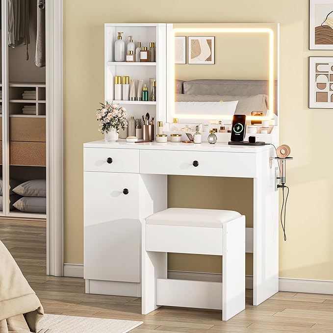 KAMABOKO Modern Vanity Desk with HD Mirror and Adjustable Lights, Makeup Table with Power Outlet, 2 Drawers & Large Cabinet, White Dressing with Stool for Girls Bedroom