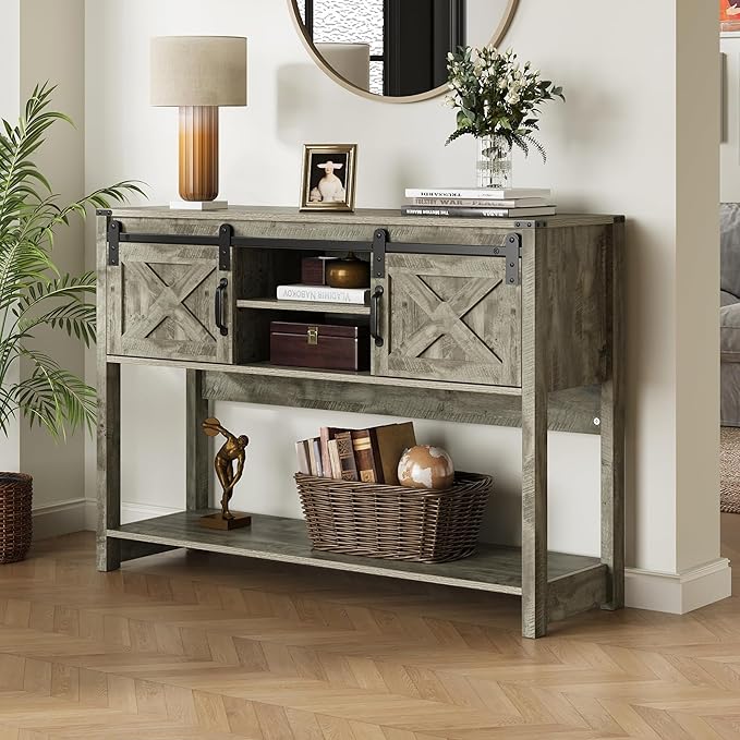 Console Table with Storage Shelf & Sliding Barn Door, Farmhouse Entryway Table with Storage, 46" Narrow Long Sofa, Behind Couch, Console Tables for Living Room (Light Grey)