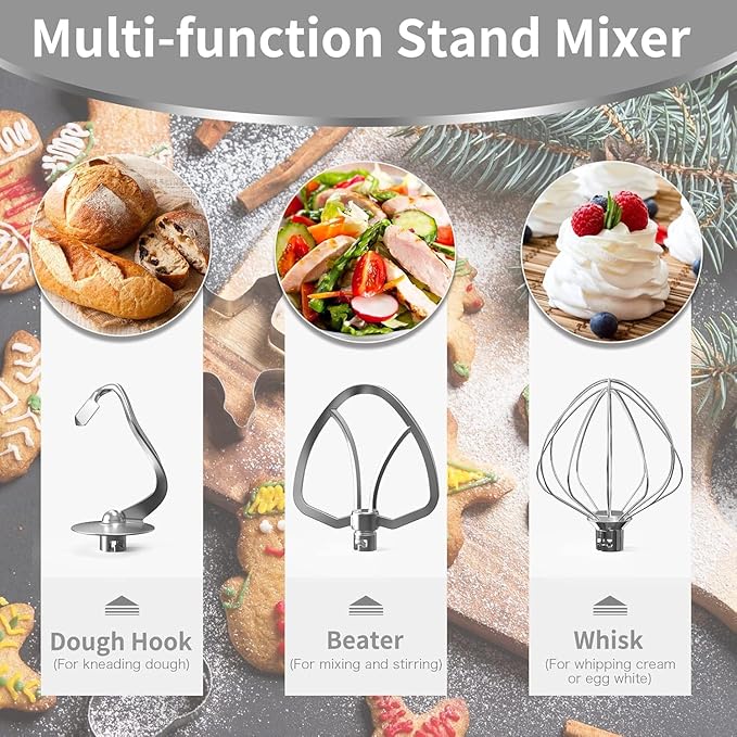 Vospeed 9 IN 1 Stand Mixer, 850W Tilt-Head Multifunctional Electric Mixer with 8 QT Stainless Steel Bowl, 1.5L Glass Jar, Meat Grinder, Hook, Whisk, Beater Dishwasher Safe (Silver)