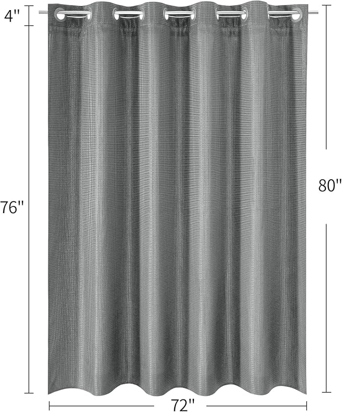 MitoVilla Grey Waffle Long Shower Curtain 72 x 80, No Hooks Needed 80 inch Long Heavyweight Fabric Shower Curtain Set with Snap-in Liner for Hotel Grade Spa-Like Bathroom Decor