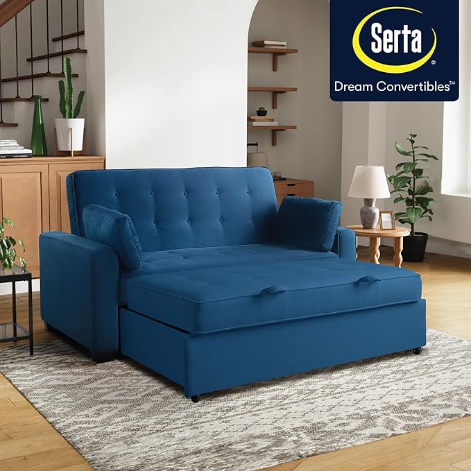 Serta Ainsley 72.6" Convertible Sleeper Sofa, Queen Size, Dreamcoil Comfort, Soft Velvet Fabric, Navy