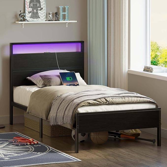 Rolanstar Twin Bed Frames with Headboard, Twin Bed with LED Lights, Camas Twin Size Bed with Charging Station, Solid Metal Slats, Noise Free, No Box Spring Needed, Black