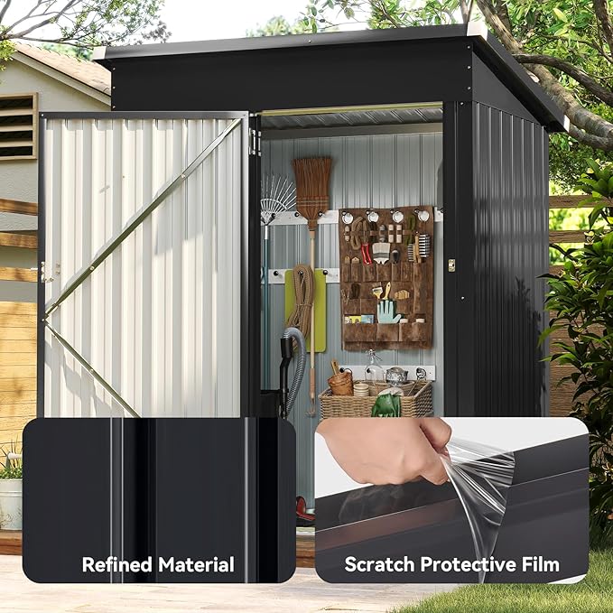 Aoxun 5x3FT Outdoor Shed Metal Storage Shed with Single Slooping Roof Lockable Door Steel Utility Tool Shed Outdoor Storage Garden Shed for Backyard Garden Patio Lawn, Black
