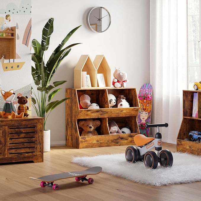 DINZI LVJ Kids Bookshelf, Toy Storage Organizer, Wooden Toy Cabinet, 4 Cubby Children Bookcase, 31.5" L Toddler Book Shelf for Bedroom, Nursery, Hallway, School, Rustic Brown