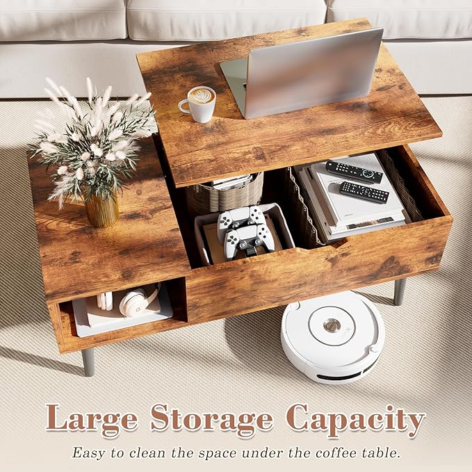 OLIXIS Wooden Coffee Table, Lift Top Coffee Table with Large Hidden Compartment and Ample Storage Shelf, Lift Tabletop Dining Table for Living Room, Home Small Space, Rustic